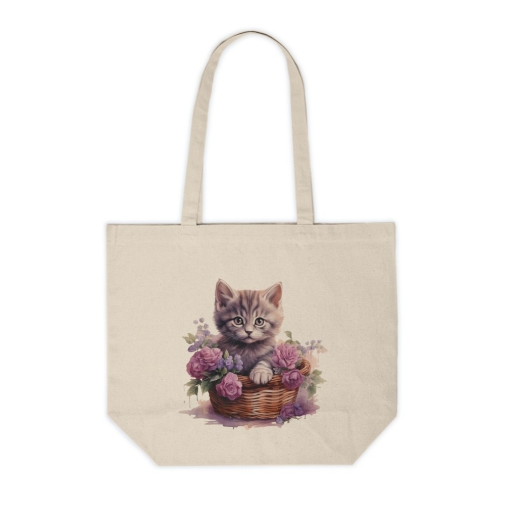 Floral Cat in a Basket Custom Canvas Tote Bag